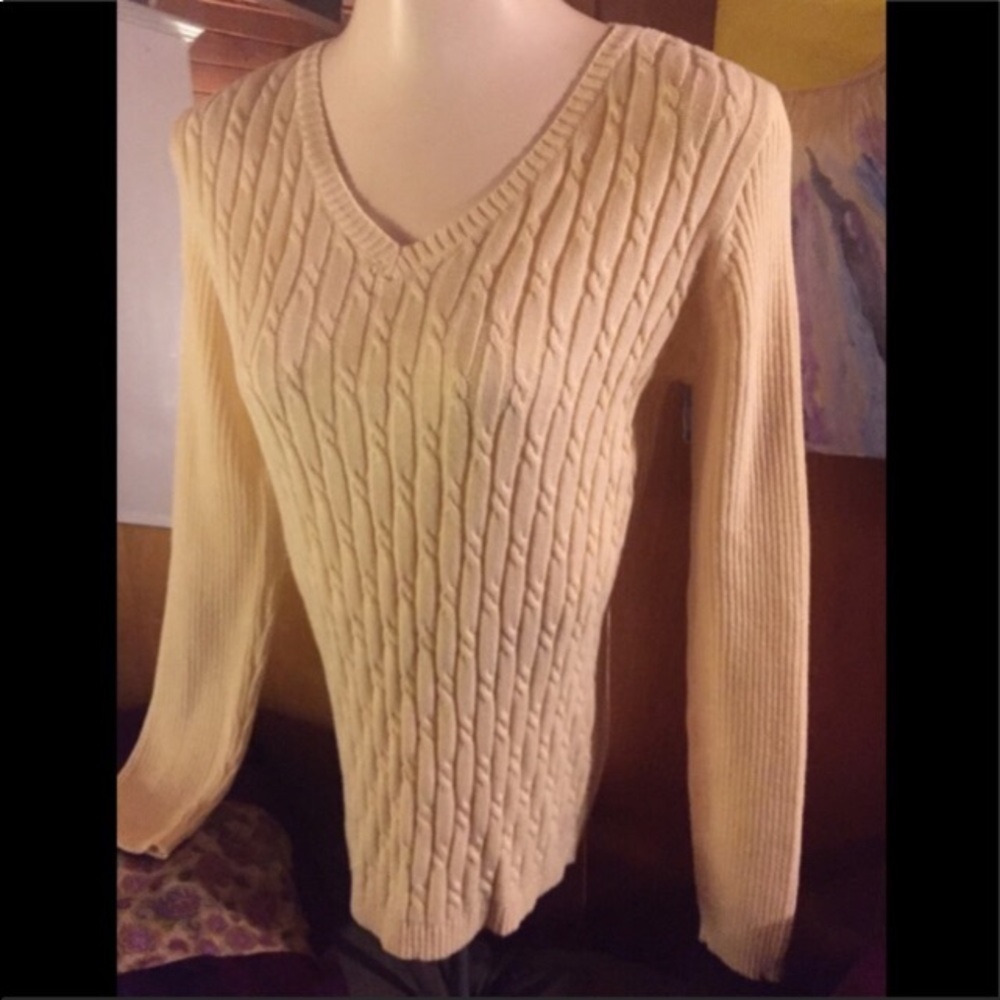 Karen Scott V necked natural creamy white  cable knit pullover sweater HP25 - Picture 2 of 11